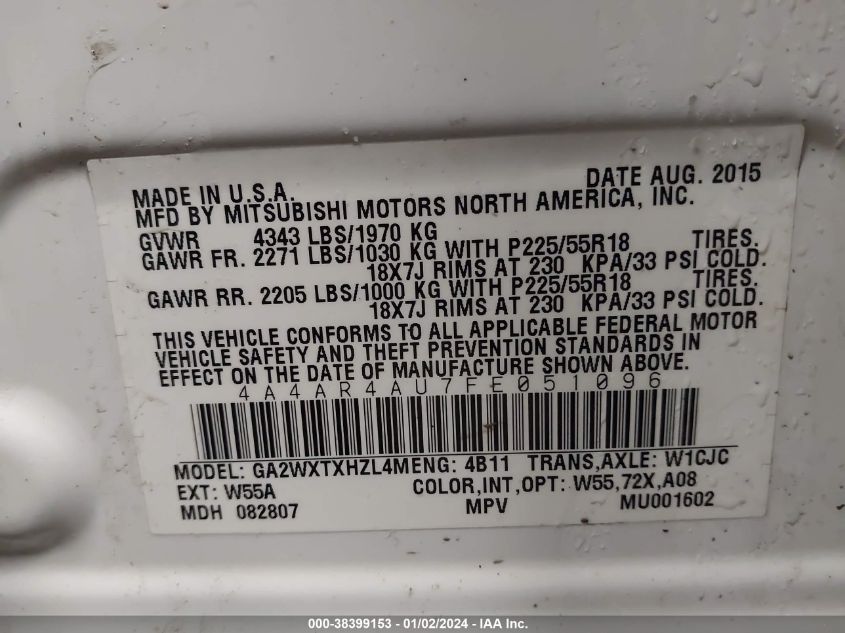 2015 MITSUBISHI OUTLANDER SPORT SE - 4A4AR4AU7FE051096