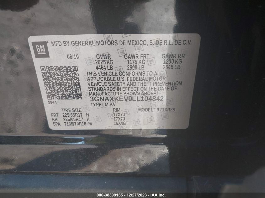 2020 CHEVROLET EQUINOX LT - 3GNAXKEV9LL104842