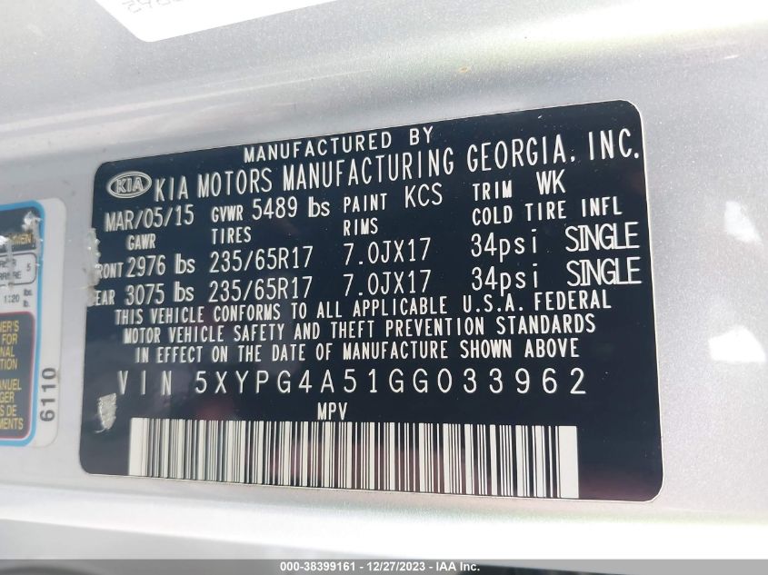 2016 KIA SORENTO LX/L - 5XYPG4A51GG033962