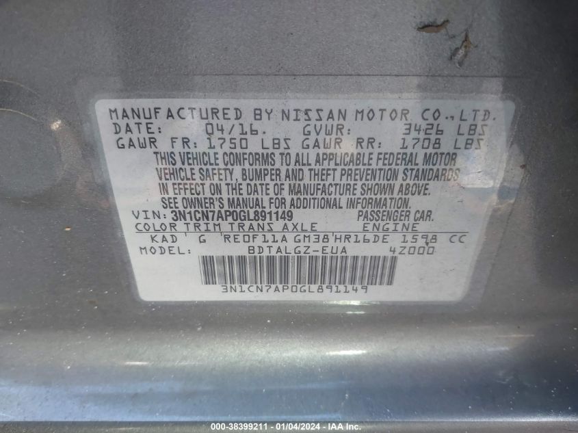 2016 NISSAN VERSA S/S PLUS/SV/SL - 3N1CN7AP0GL891149