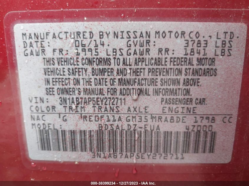 2014 NISSAN SENTRA FE+ S/FE+ SV/S/SL/SR/SV - 3N1AB7AP5EY272711