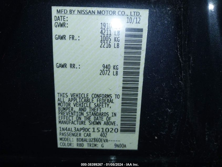 2013 NISSAN ALTIMA 2.5 SV - 1N4AL3AP9DC151020