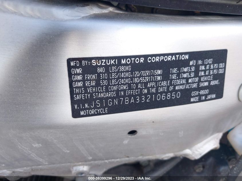 2003 SUZUKI GSX-R600 - JS1GN7BA332106850