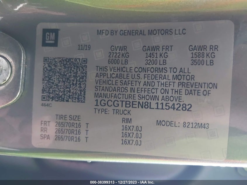 VIN 1GCGTBEN8L1154282 2020 CHEVROLET COLORADO