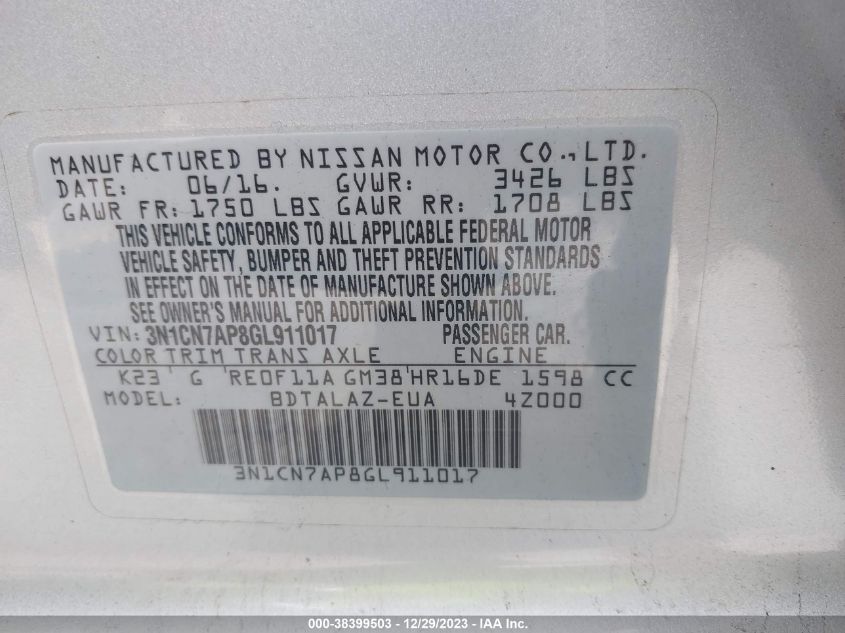 2016 NISSAN VERSA 1.6 S+ - 3N1CN7AP8GL911017