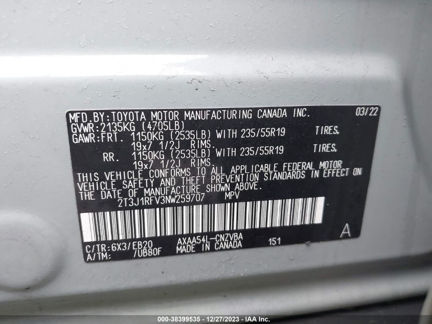 2022 TOYOTA RAV4 ADVENTURE/TRD OFF ROAD - 2T3J1RFV3NW259707