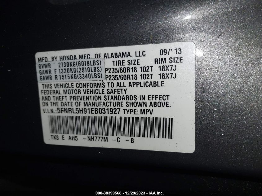 5FNRL5H91EB031927 2014 HONDA ODYSSEY, photo no. 9