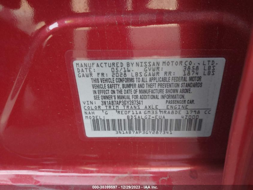 2016 NISSAN SENTRA S/SV/SR/SL - 3N1AB7AP3GY287341