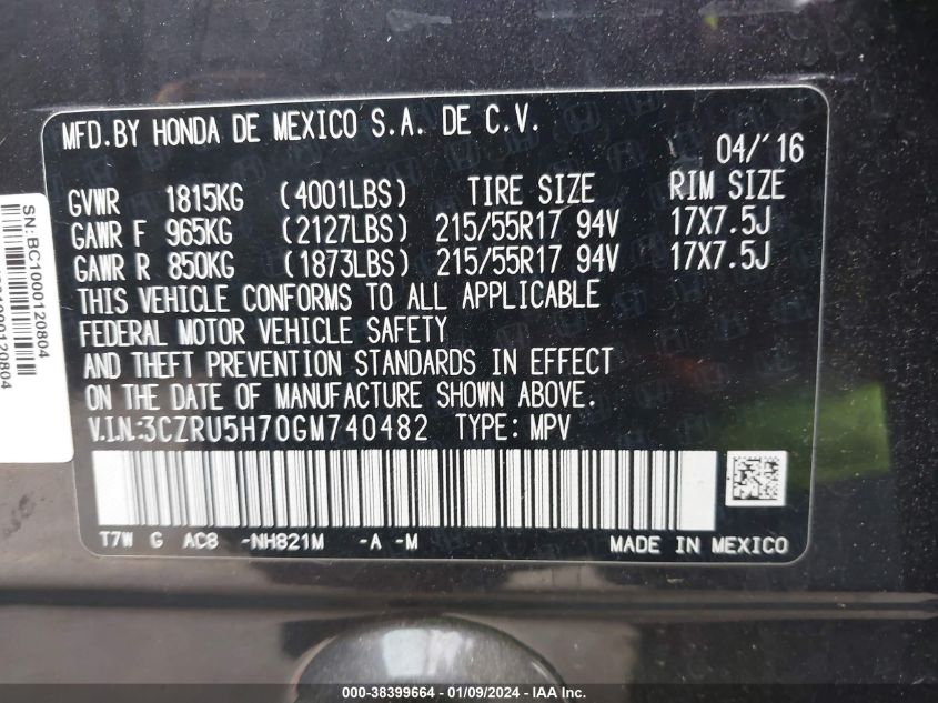 2016 HONDA HR-V EXL - 3CZRU5H70GM740482