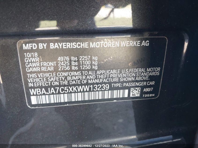 2019 BMW 530I XDRIVE WBAJA7C5XKWW13239