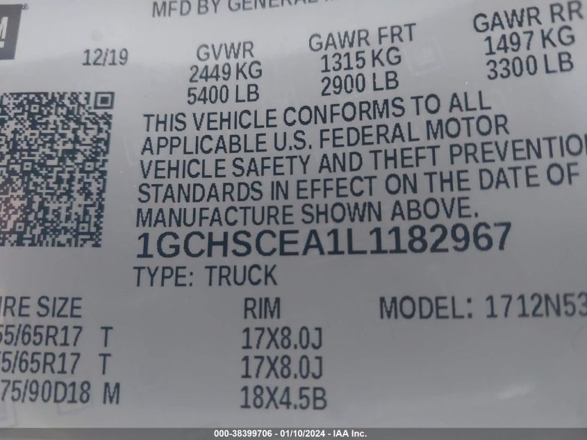 2020 CHEVROLET COLORADO 2WD  LONG BOX LT - 1GCHSCEA1L1182967