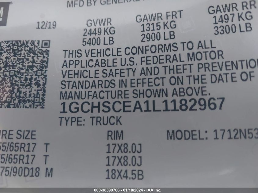 1GCHSCEA1L1182967 | 2020 CHEVROLET COLORADO