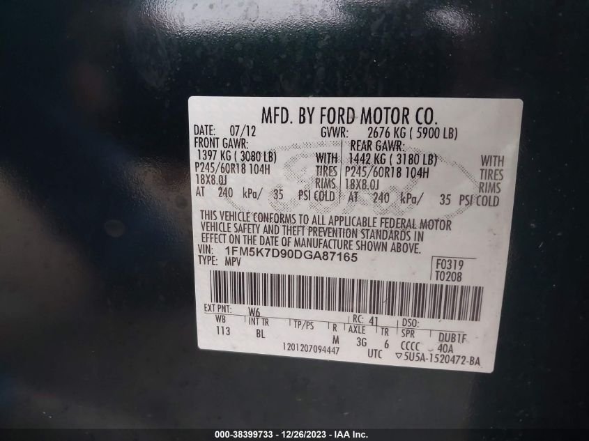 2013 FORD EXPLORER XLT - 1FM5K7D90DGA87165