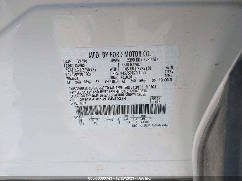 2020 FORD EDGE TITANIUM - 2FMPK3K92LBB49384