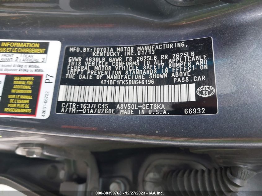 2013 TOYOTA CAMRY SE - 4T1BF1FK5DU646196