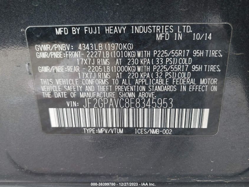 2014 SUBARU XV CROSSTREK 2.0 PREMIUM - JF2GPAVC8E8345953