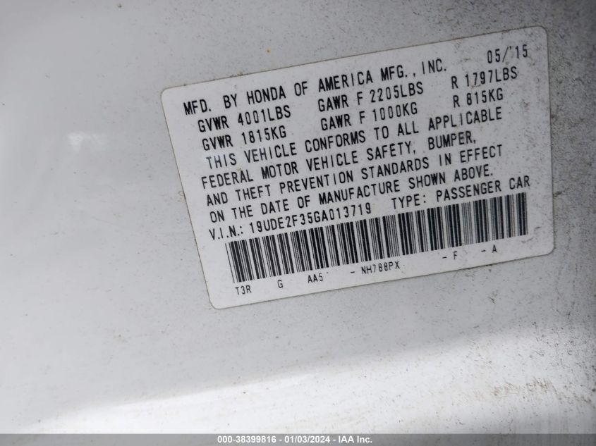 2016 ACURA ILX 2.4L/ACURAWATCH PLUS PACKAGE - 19UDE2F35GA013719