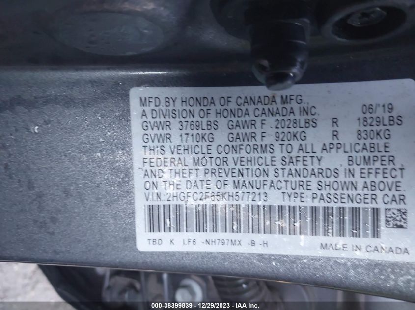 2019 HONDA CIVIC LX - 2HGFC2F65KH577213