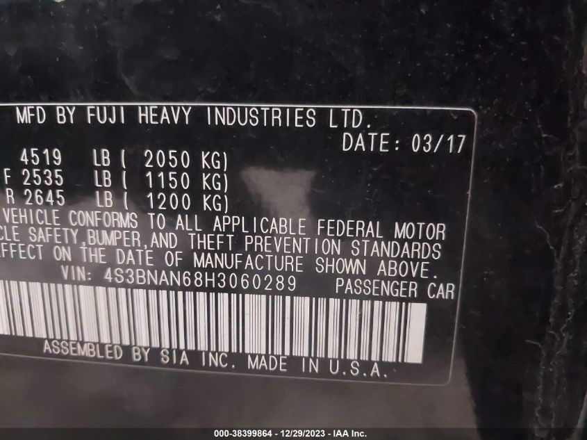 2017 SUBARU LEGACY 2.5I LIMITED - 4S3BNAN68H3060289