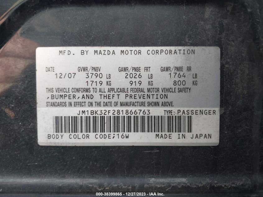 JM1BK32F281866763 | 2008 MAZDA MAZDA3