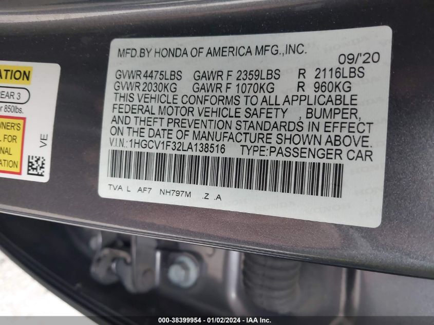 2020 HONDA ACCORD SPORT - 1HGCV1F32LA138516