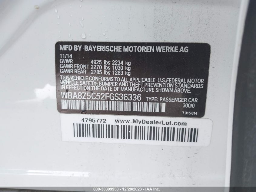 2015 BMW 328I GRAN TURISMO XDRIVE - WBA8Z5C52FGS36336