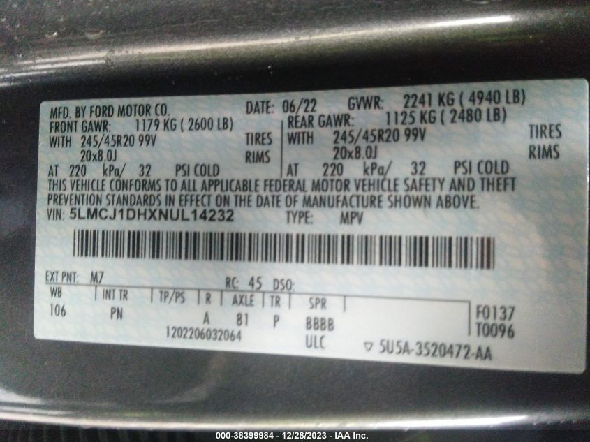 2022 LINCOLN CORSAIR - 5LMCJ1DHXNUL14232