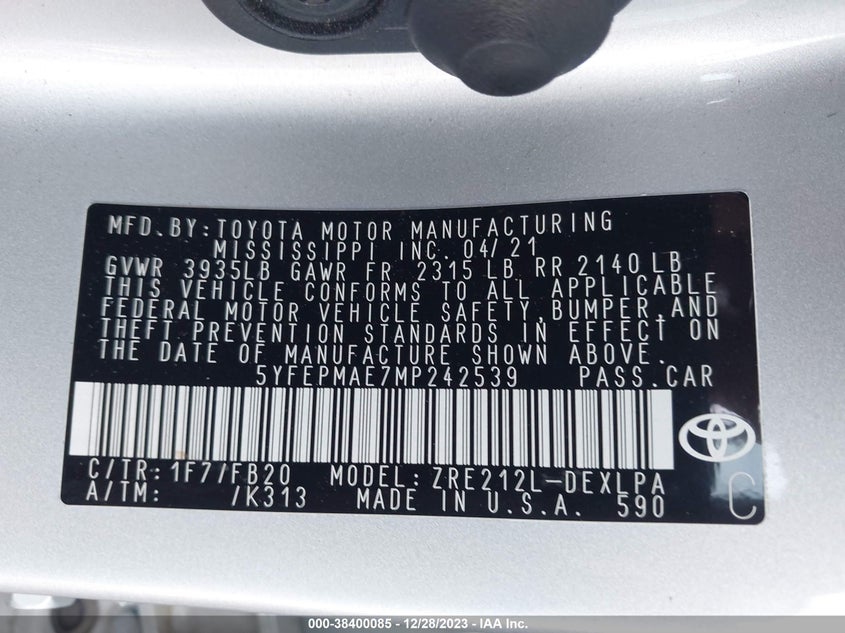 VIN 5YFEPMAE7MP242539 2021 TOYOTA COROLLA LE