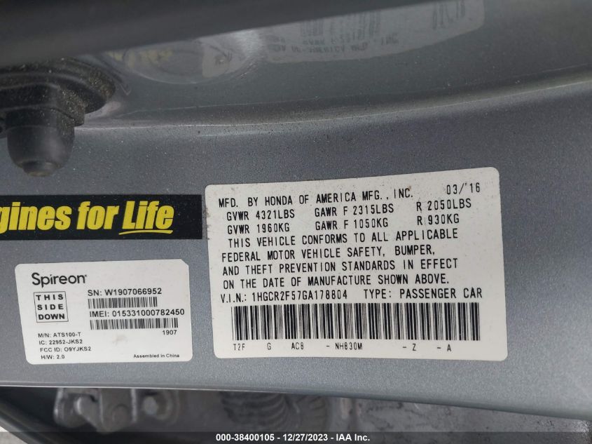 2016 HONDA ACCORD SPORT - 1HGCR2F57GA178804