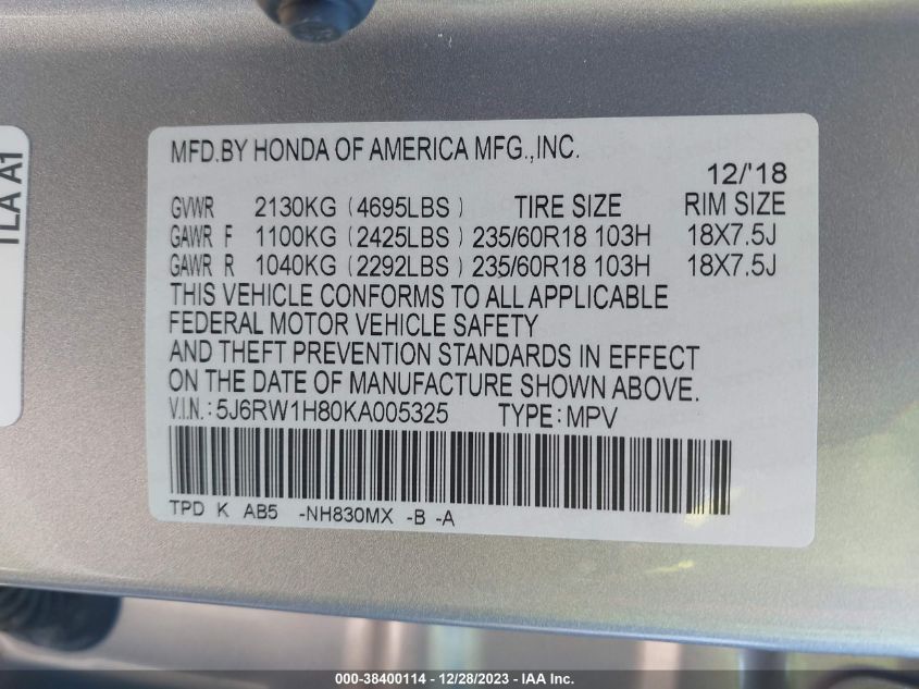2019 HONDA CR-V EX-L - 5J6RW1H80KA005325