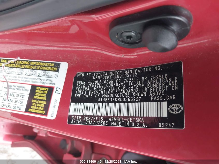 4T1BF1FK8CU566227 | 2012 TOYOTA CAMRY