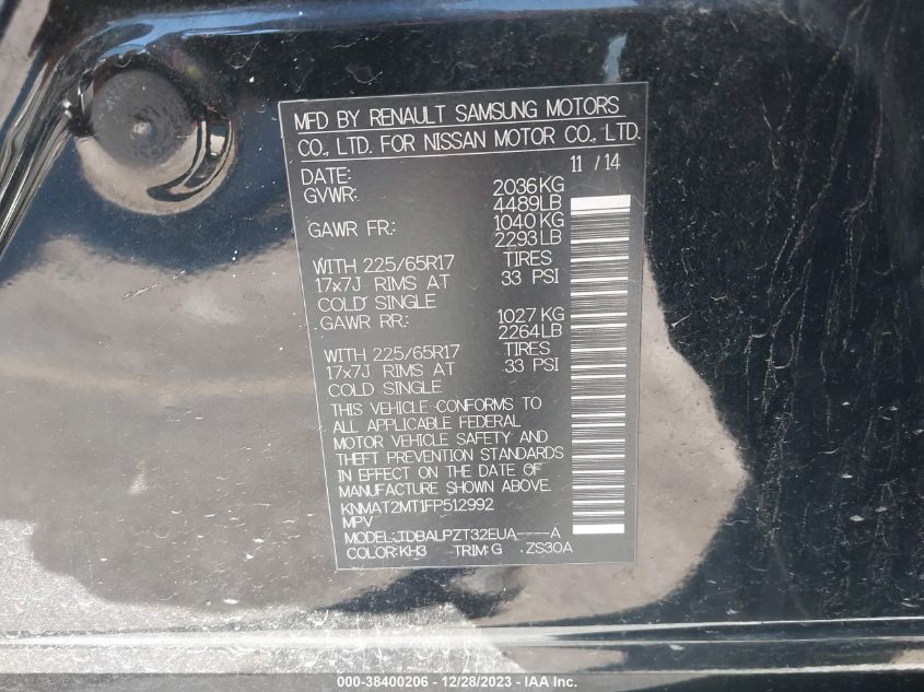 2015 NISSAN ROGUE S/SL/SV - KNMAT2MT1FP512992