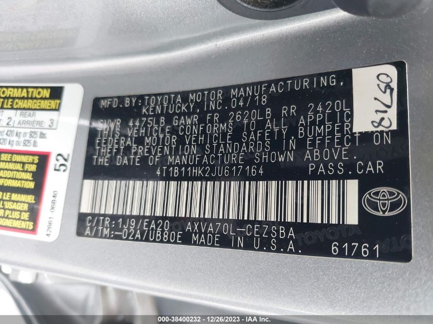 2018 TOYOTA CAMRY SE - 4T1B11HK2JU617164
