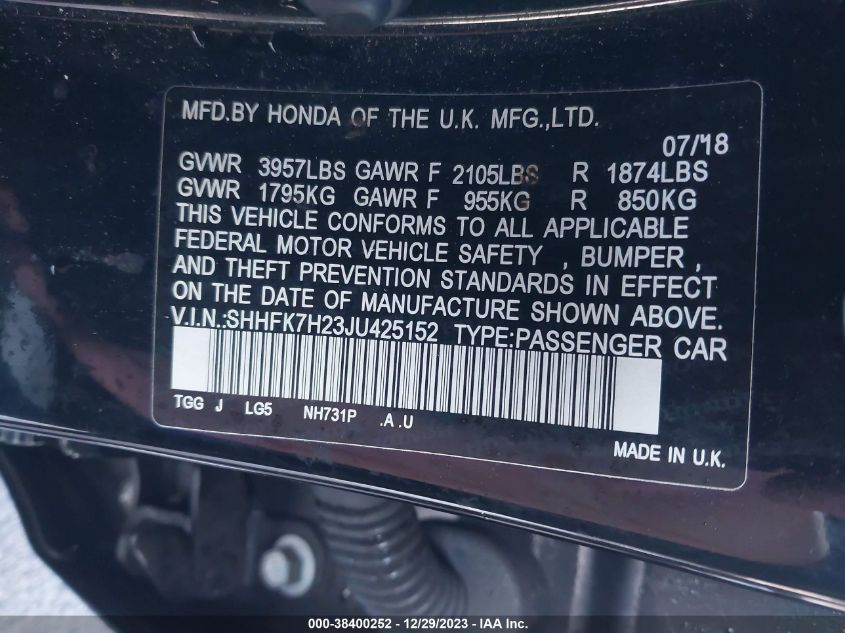 2018 HONDA CIVIC LX - SHHFK7H23JU425152