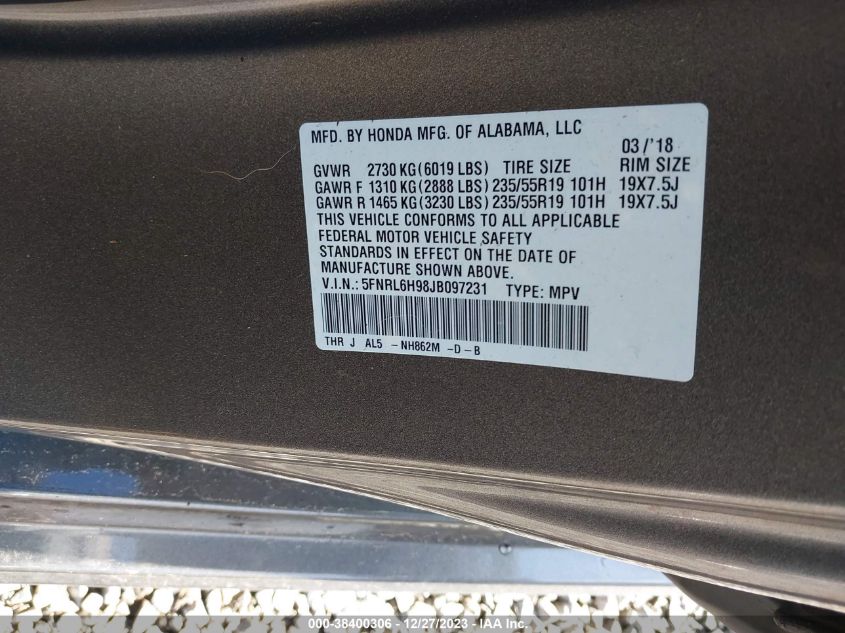 2018 HONDA ODYSSEY - 5FNRL6898JB097231