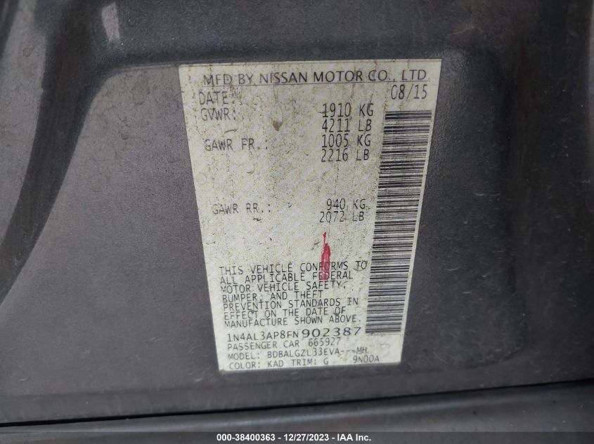 2015 NISSAN ALTIMA 2.5 S - 1N4AL3AP8FN902387