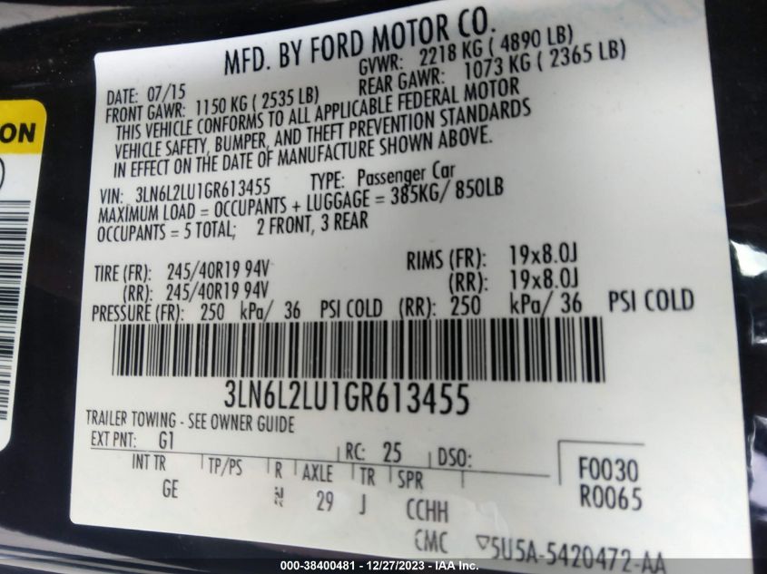 2016 LINCOLN MKZ HYBRID HYBRID 3LN6L2LU1GR613455