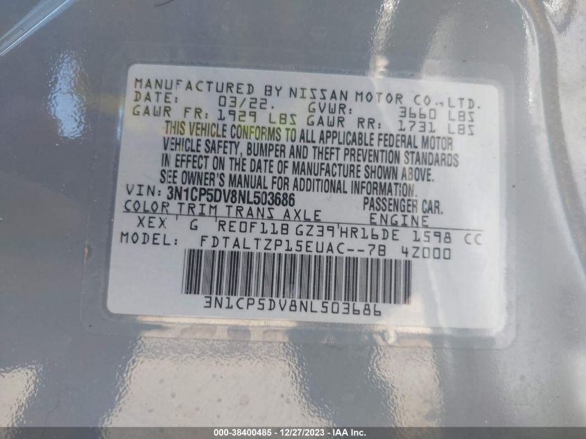 2022 NISSAN KICKS SR XTRONIC CVT - 3N1CP5DV8NL503686