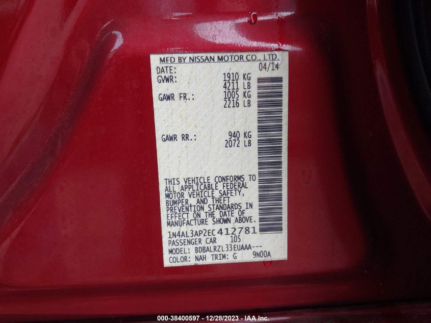 2014 NISSAN ALTIMA 2.5/S/SV/SL - 1N4AL3AP2EC412781