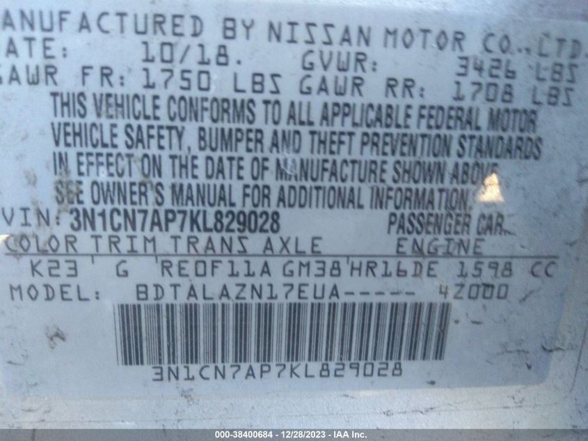 2019 NISSAN VERSA S/S PLUS/SV - 3N1CN7AP7KL829028