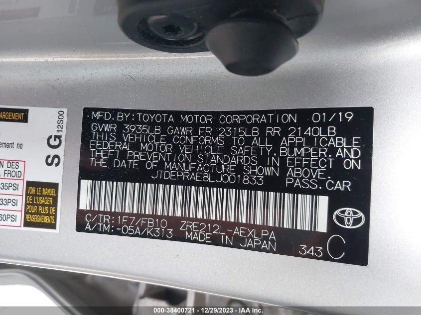 2020 TOYOTA COROLLA LE - JTDEPRAE8LJ001833