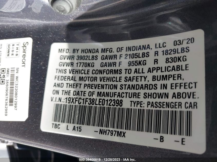 2020 HONDA CIVIC EX - 19XFC1F38LE012398