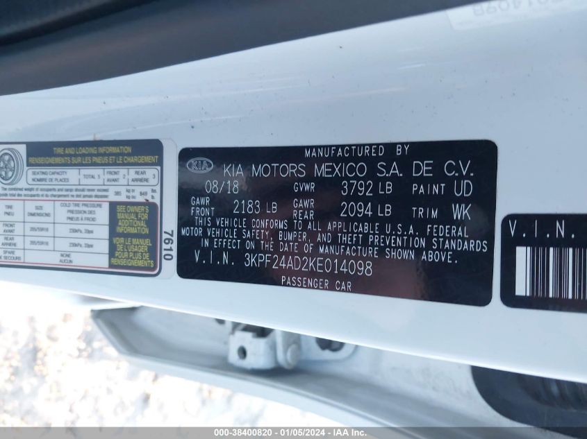 2019 KIA FORTE LXS - 3KPF24AD2KE014098