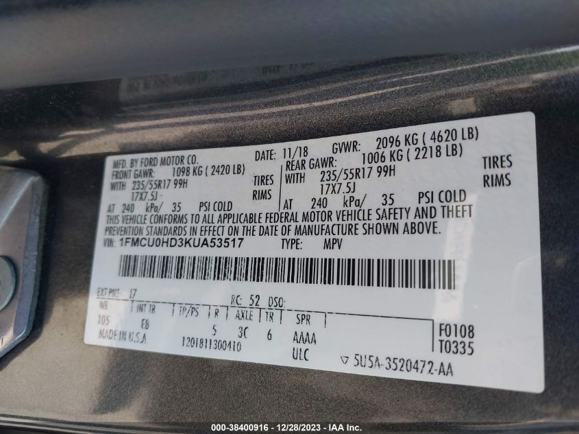 2019 FORD ESCAPE SEL - 1FMCU0HD3KUA53517