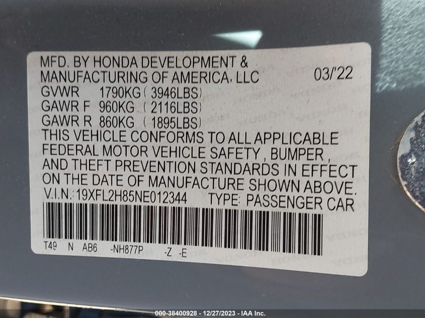2022 HONDA CIVIC SPORT - 19XFL2H85NE012344