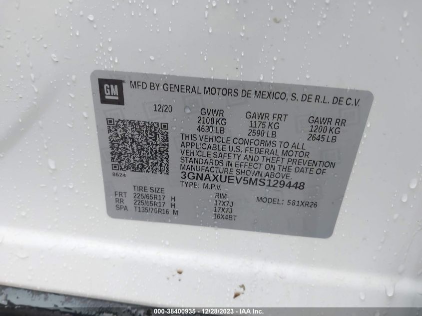 2021 CHEVROLET EQUINOX LT - 3GNAXUEV5MS129448