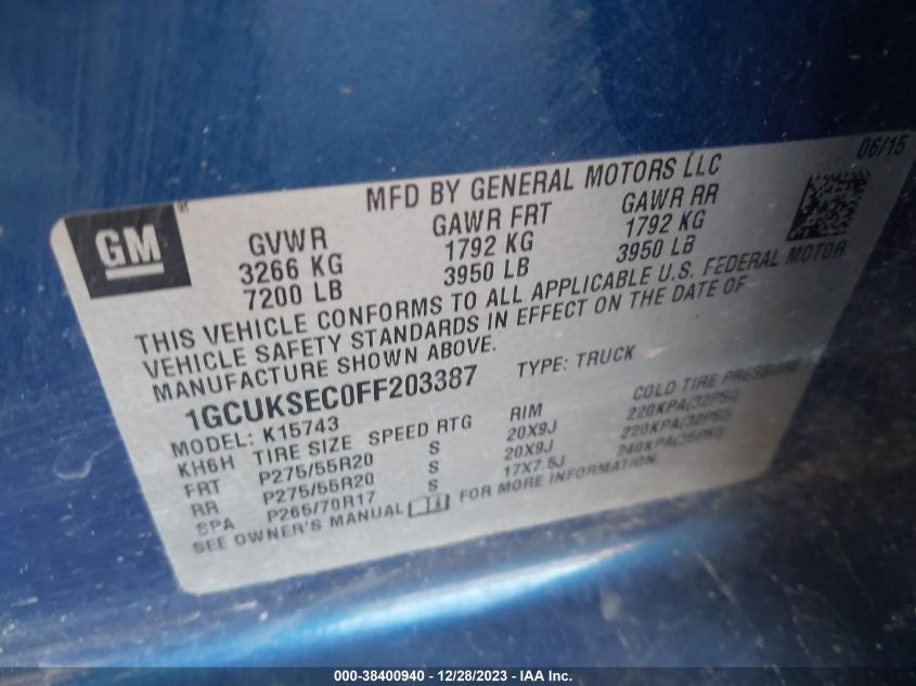 2015 CHEVROLET SILVERADO 1500 1LZ - 1GCUKSEC0FF203387