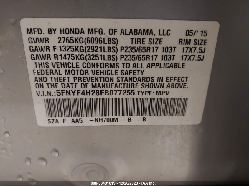 2015 HONDA PILOT LX - 5FNYF4H28FB077255
