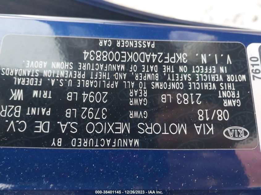 2019 KIA FORTE LXS - 3KPF24AD0KE008834