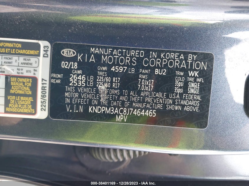 VIN KNDPM3AC8J7464465 2018 KIA SPORTAGE LX